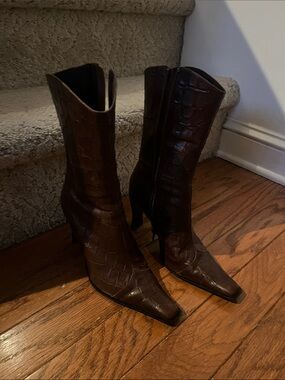 Free People Dark Brown Croc-Embossed Pointed-Toe Mid-Calf Boots